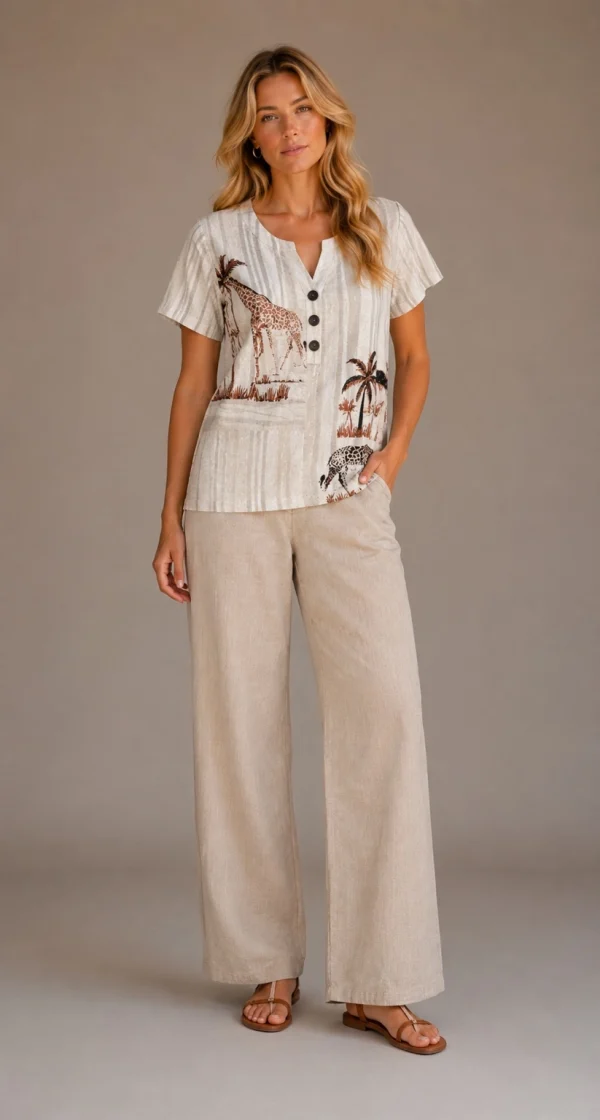 KAV2681-03-full-body Kalisson Safari Print Short Sleeve Top