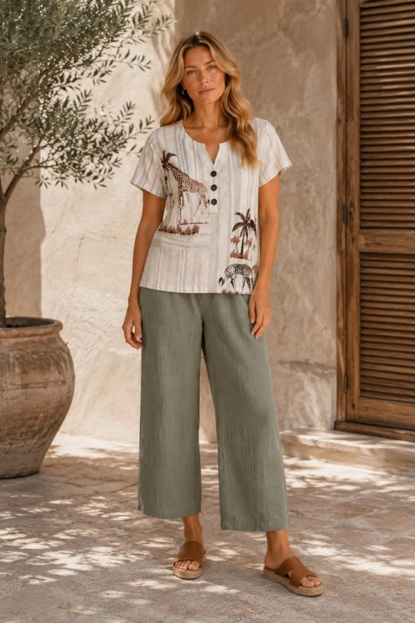 KAV2681-04-lifestyle Kalisson Safari Print Short Sleeve Top