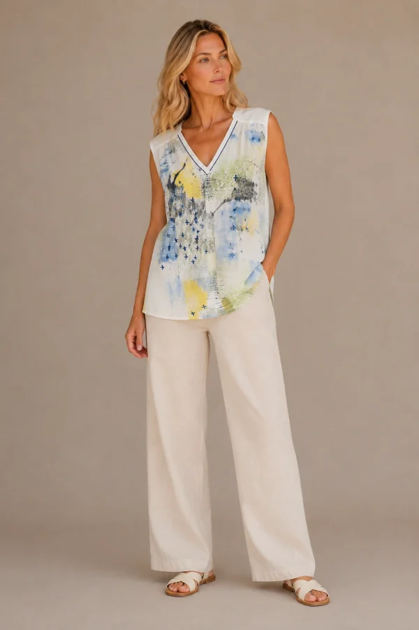 KAV2687-03-full-body Kalisson White Blue Yellow Abstract Sleeveless Blouse