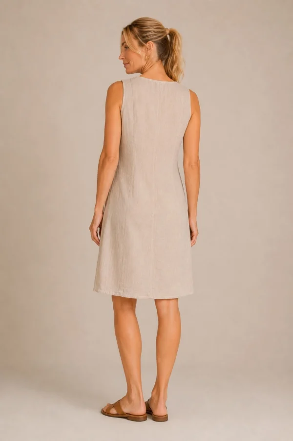 KAV2691-02-back Kalisson beige sleeveless linen cotton dress with decorative shoulder rings