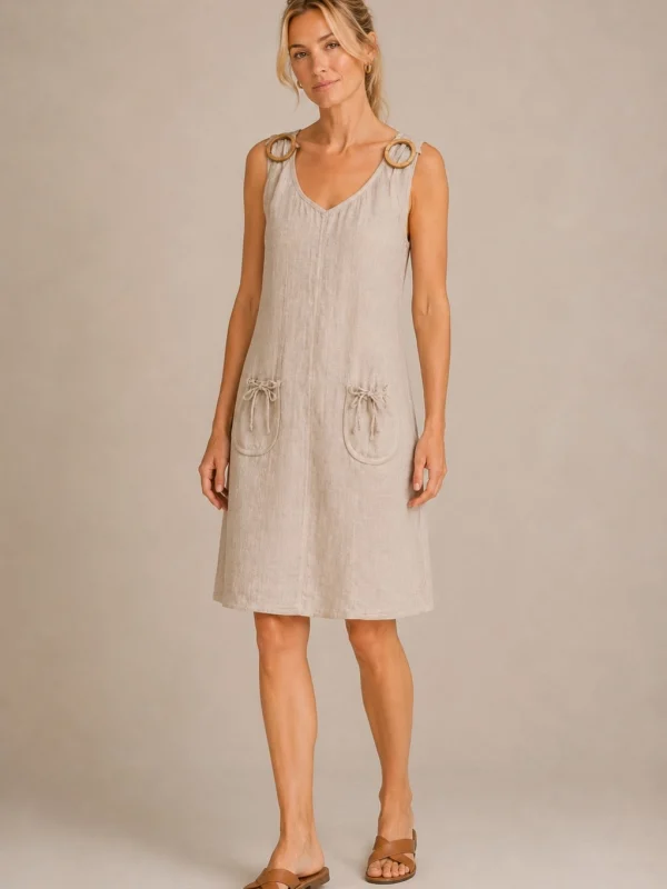 KAV2691-03-full-body Kalisson beige sleeveless linen cotton dress with decorative shoulder rings