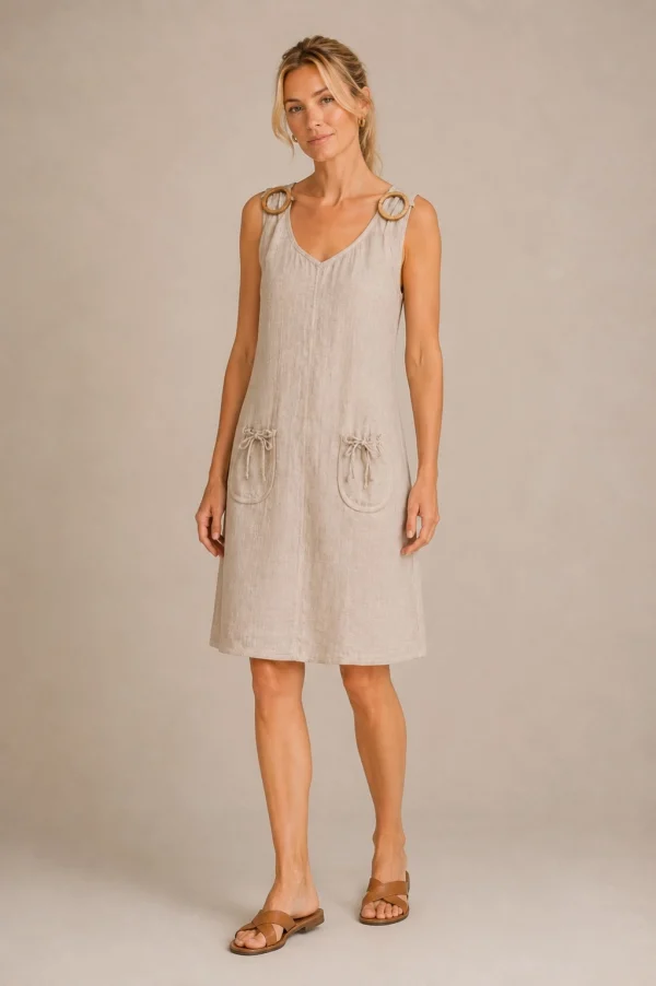 KAV2691-03-full-body Kalisson beige sleeveless linen cotton dress with decorative shoulder rings