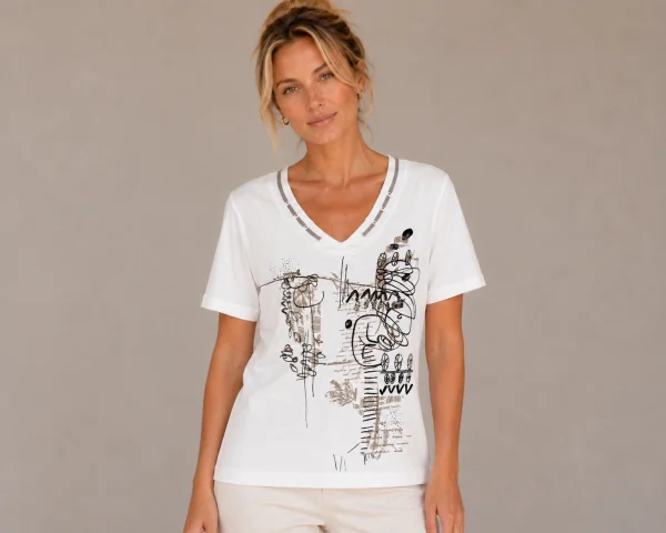 KAV2692-01-front Kalisson White Abstract Print T-Shirt