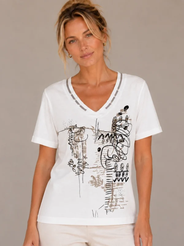 KAV2692-01-front Kalisson White Abstract Print T-Shirt