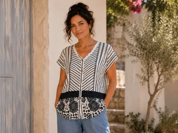 KAV2696_M2-1 Kalisson Printed V-Neck Blouse