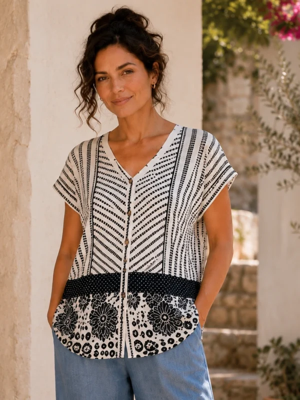 KAV2696_M2-1 Kalisson Printed V-Neck Blouse