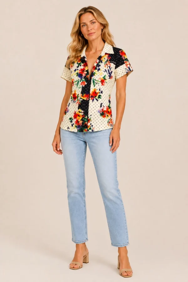 KAV2697-02-full-body-front Kalisson floral printed short sleeve shirt