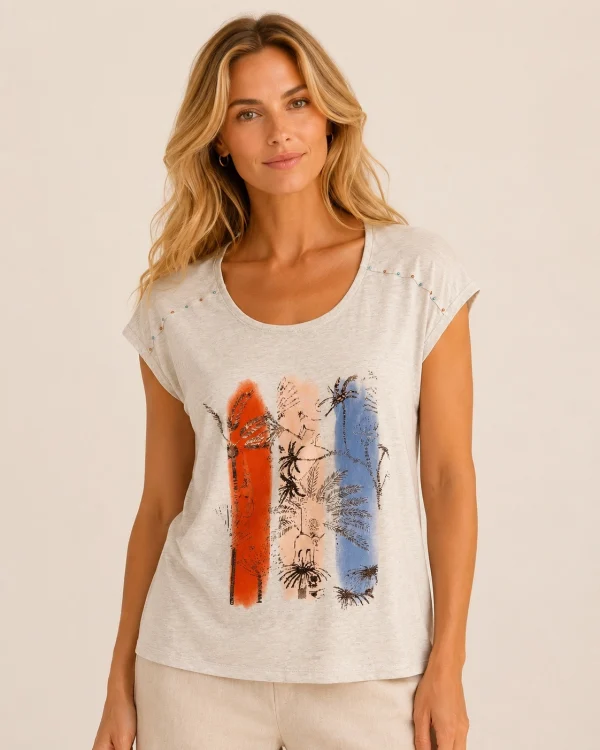 KAV2698-01-front-upperbody Kalisson beige abstract print cotton blend top
