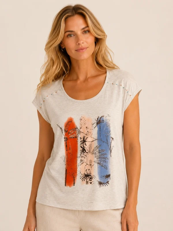 KAV2698-01-front-upperbody Kalisson beige abstract print cotton blend top