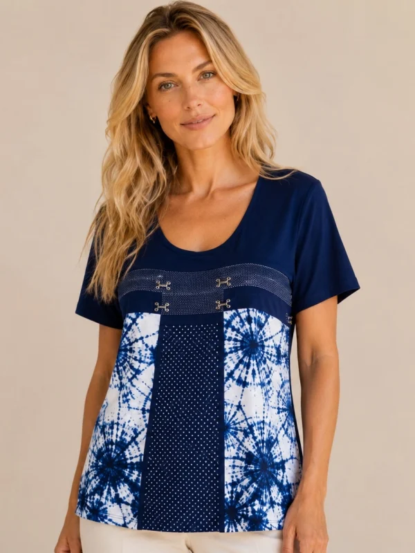 Kav26101-01-front Kalisson blue printed viscose cotton top