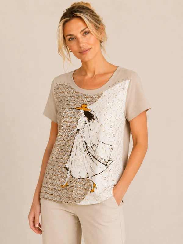 Kav26116-01-front Kalisson beige printed cotton top with artistic illustration