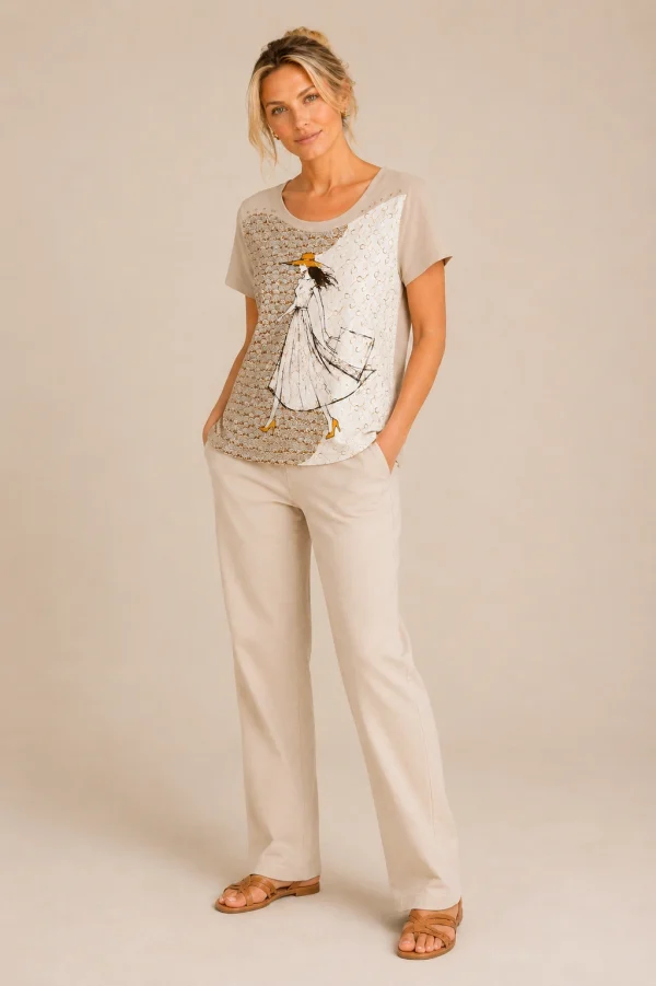 Kav26116-03-fullbody Kalisson beige printed cotton top with artistic illustration
