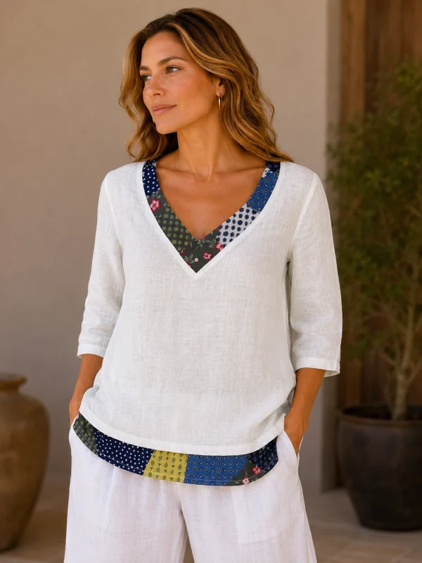 Kav26120-01-front Kav26120-01-front Kalisson Linen Patchwork Top