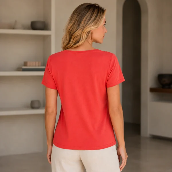 Kav26123-02-back Kalisson coral red cotton top with decorative neckline