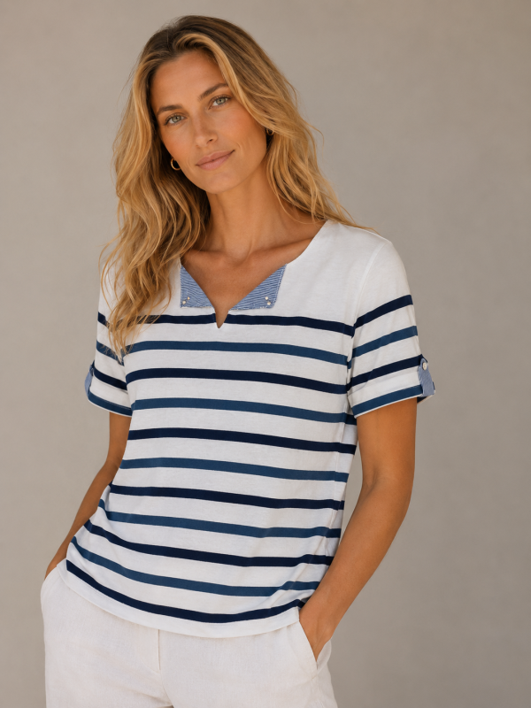 Kav26125-01-front-34 Kav26125-01-front-34 Kalisson Navy Stripe Cotton Top