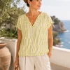 Kav26136-04-lifestyle Kalisson yellow striped viscose summer top with relaxed fit