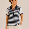 Kalisson navy striped cotton polo top with contrast dotted sleeves and classic collar detail.