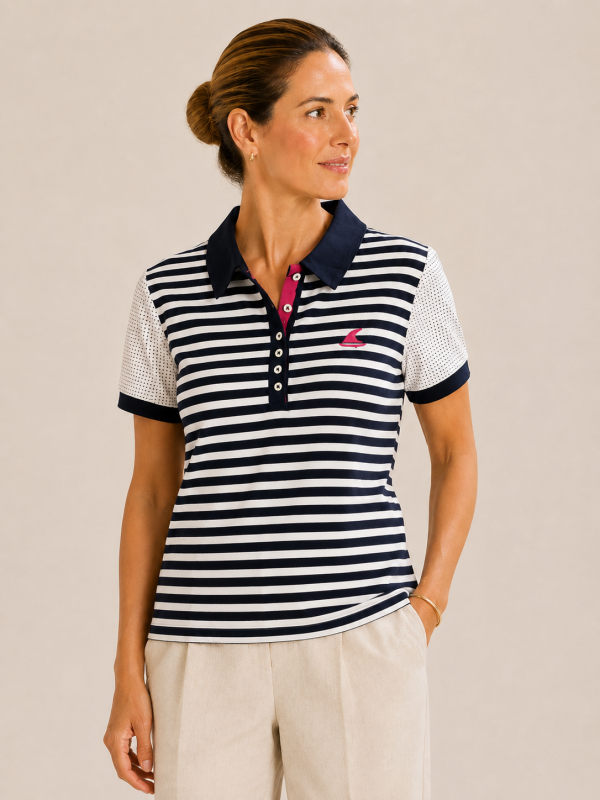 Kalisson navy striped cotton polo top with contrast dotted sleeves and classic collar detail.