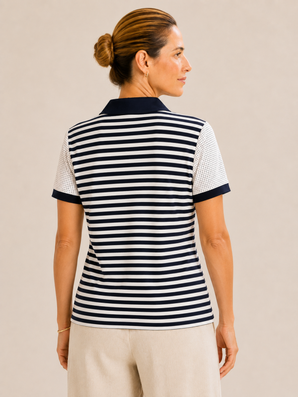 Kalisson navy striped cotton polo top with contrast dotted sleeves and classic collar detail.