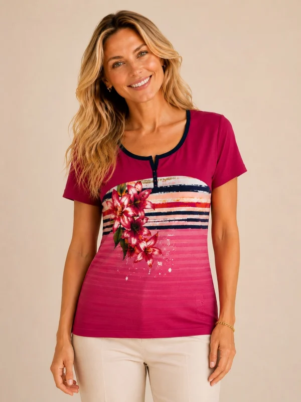 Kav26156-01-front Kalisson fuchsia floral short sleeve cotton top