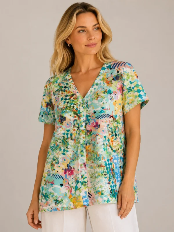Kav26159-01-front Kalisson multicolour abstract cotton V-neck top