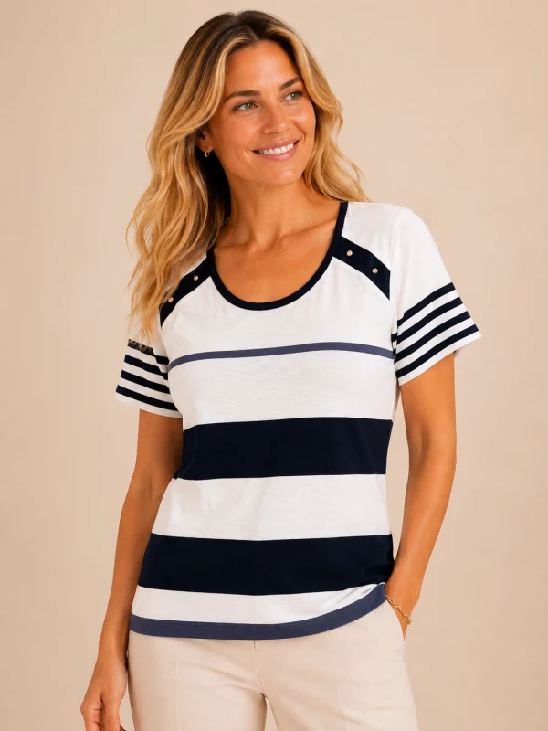 Kav26160-01-front Kalisson navy stripe short sleeve cotton top