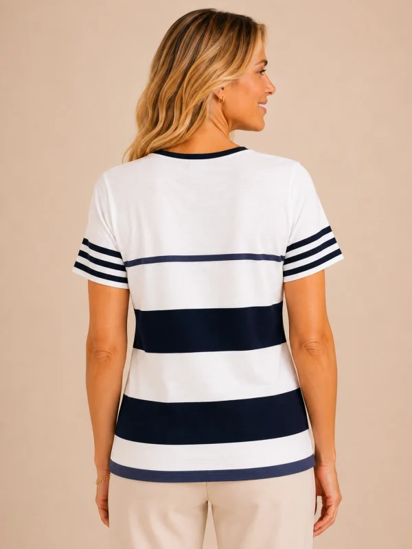 Kav26160-02-back Kalisson navy stripe short sleeve cotton top
