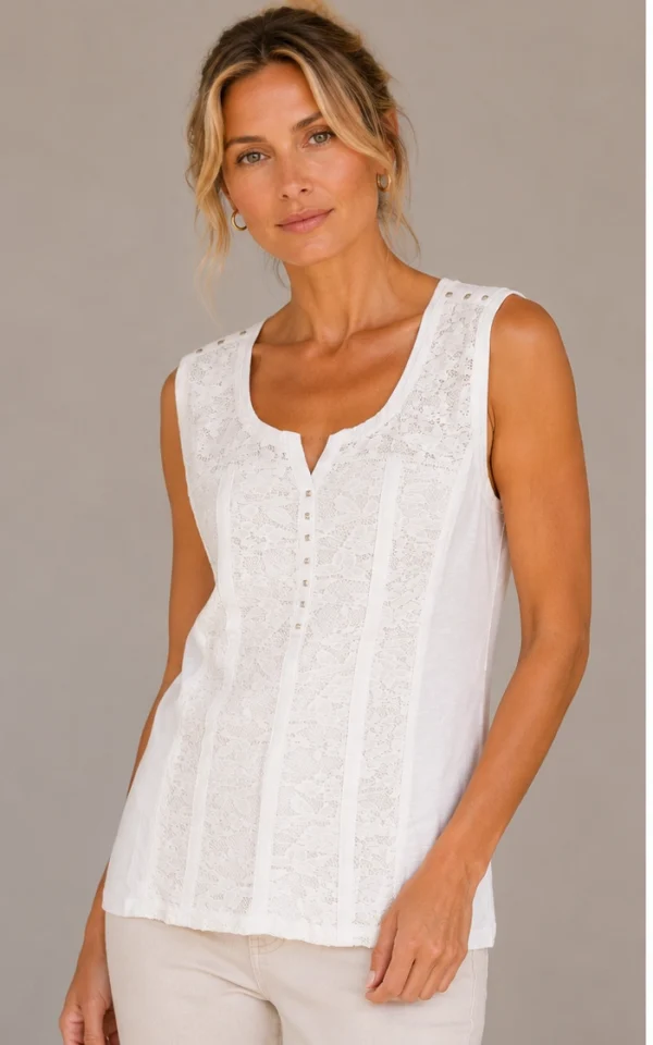 Kav26194-01-front Kav26194-01-front Kalisson White Lace Sleeveless Top