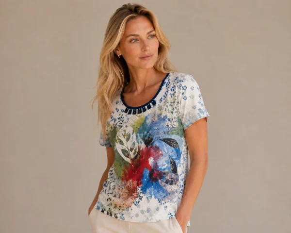 Kav2657-01-front Kalisson Cream Abstract Print Cotton T-Shirt