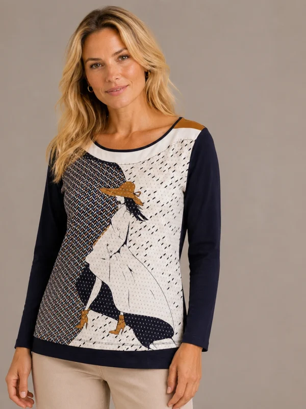 Kav2661-01-front Kalisson Navy Graphic Cotton Top