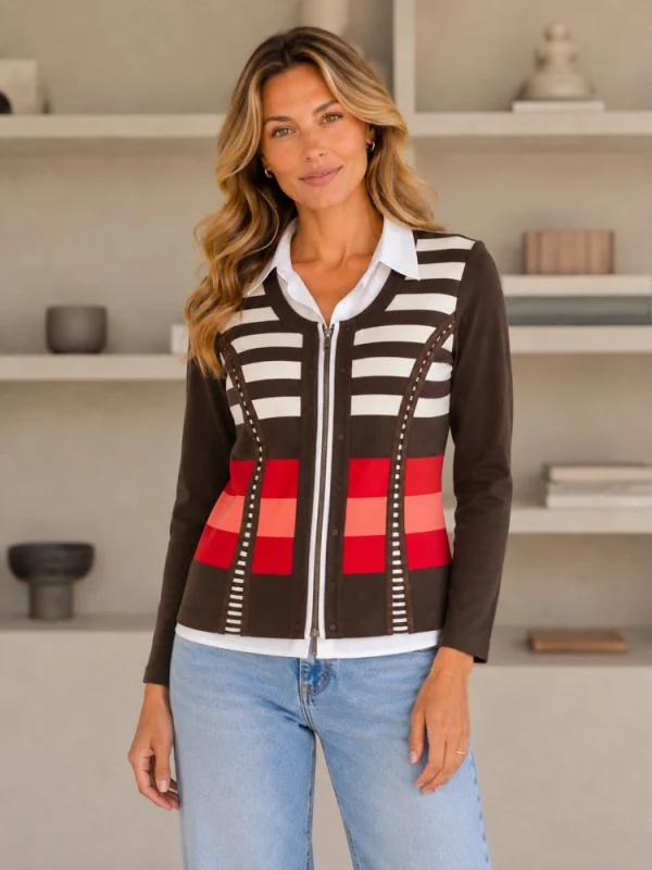 Kav2668-01-upperbody Kalisson Brown Stripe Zip Top