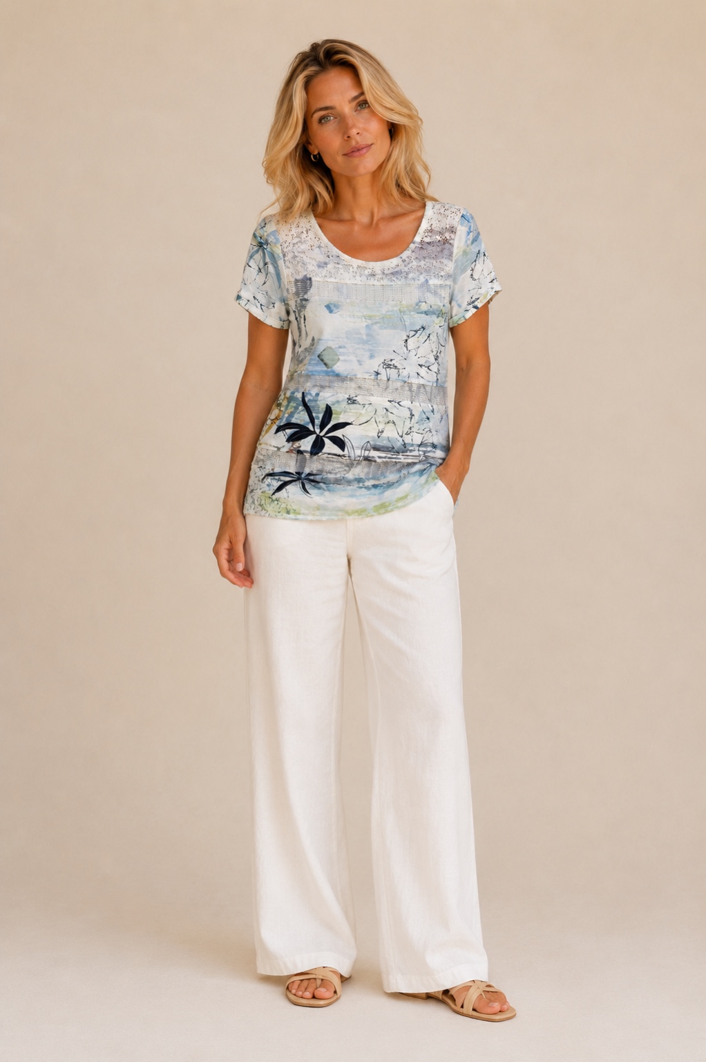 307E718B-2D6D-4F68-B6CD-6EEAC2776EE4 Kalisson blue floral lace top with abstract botanical print, short sleeves and lightweight cotton blend fabric.
