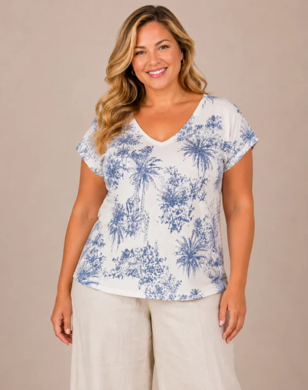 BAGV2604-01-front-upperbody Bagoraz cotton palm print t-shirt beige blue