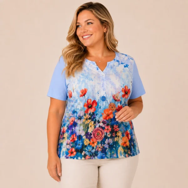 BAGV2604-01-upperbody Plus size floral cotton top blue by Bagoraz