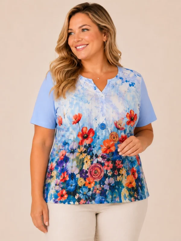 Plus size floral cotton top blue by Bagoraz
