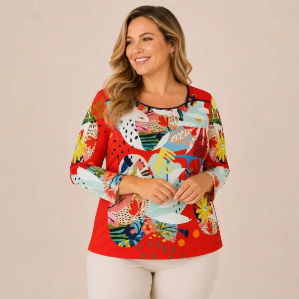 BAGV2615-01-upperbody Plus size cotton top with abstract print by Bagoraz