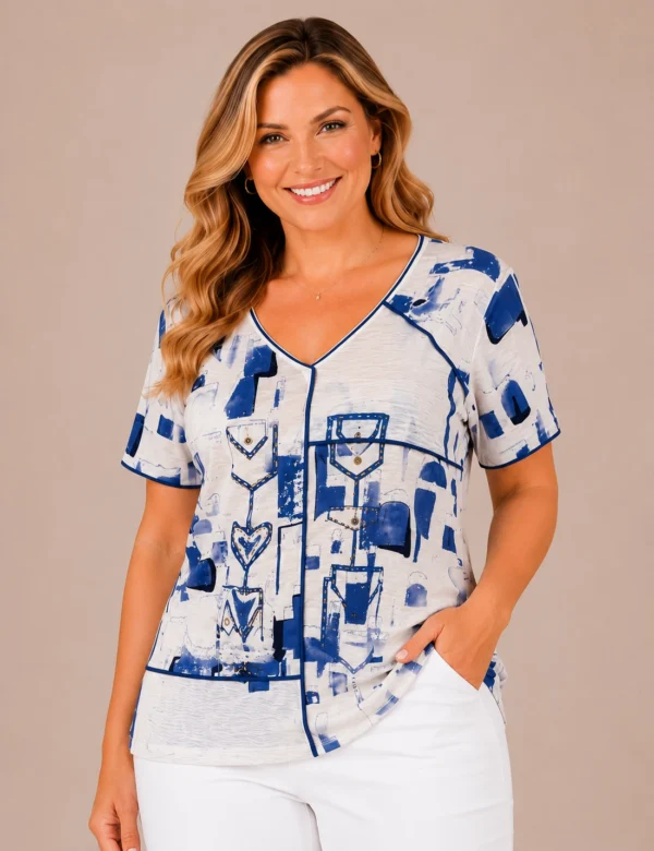 BAGV2616-01-front-upperbody Blue Abstract Cotton T-Shirt Plus Size
