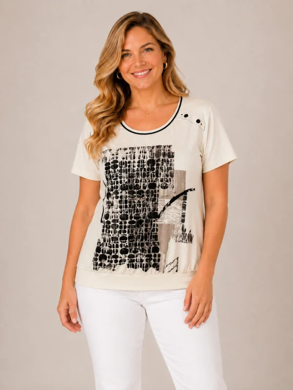 BAGV2619-01-front-upperbody Bagoraz beige plus size cotton top with abstract print