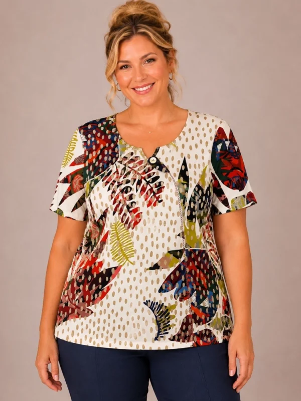 BAGV2625-01-front-upperbody Bagoraz Printed Cotton Plus Size Top with Colourful Botanical Print