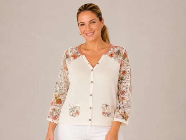BAGV2628-01-front-upperbody Bagoraz beige plus size floral knit cardigan