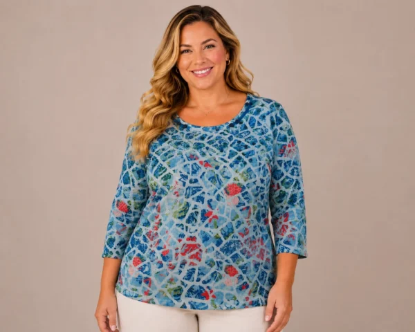 BAGV2631-01-front-upperbody Bagoraz Blue Floral Print Plus Size Top
