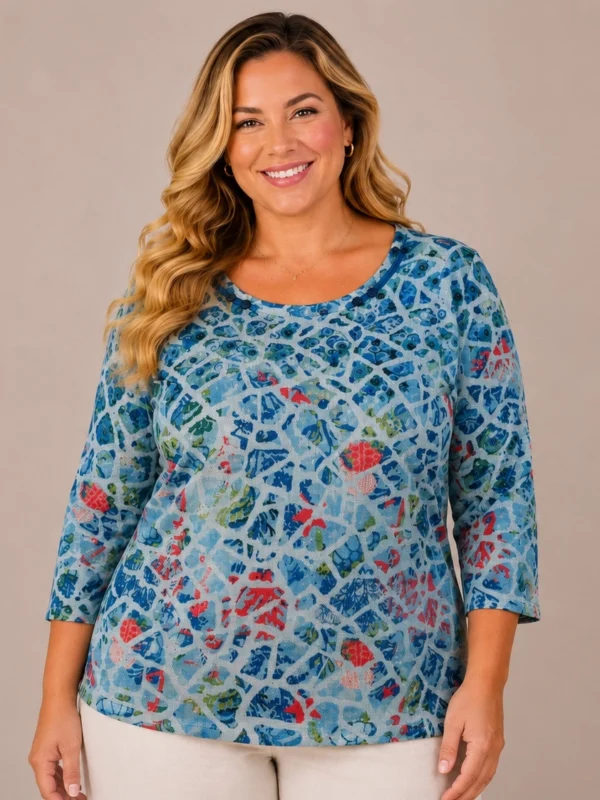 BAGV2631-01-front-upperbody Bagoraz Blue Floral Print Plus Size Top
