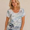 DF3612B3-7565-4B12-A09A-532C2C07B1DA Kalisson blue floral lace top with abstract botanical print, short sleeves and lightweight cotton blend fabric.