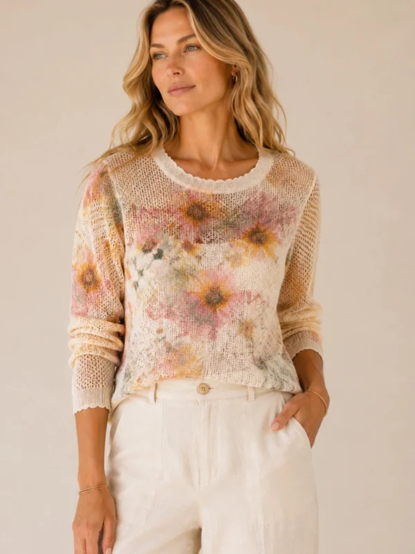 Kalisson Floral Knit Sweater Beige Pink Lightweight Top