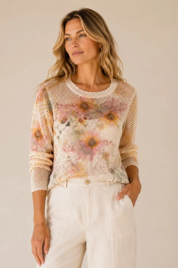 KAV2610-M1-1 Kalisson Floral Knit Sweater Beige Pink Lightweight Top