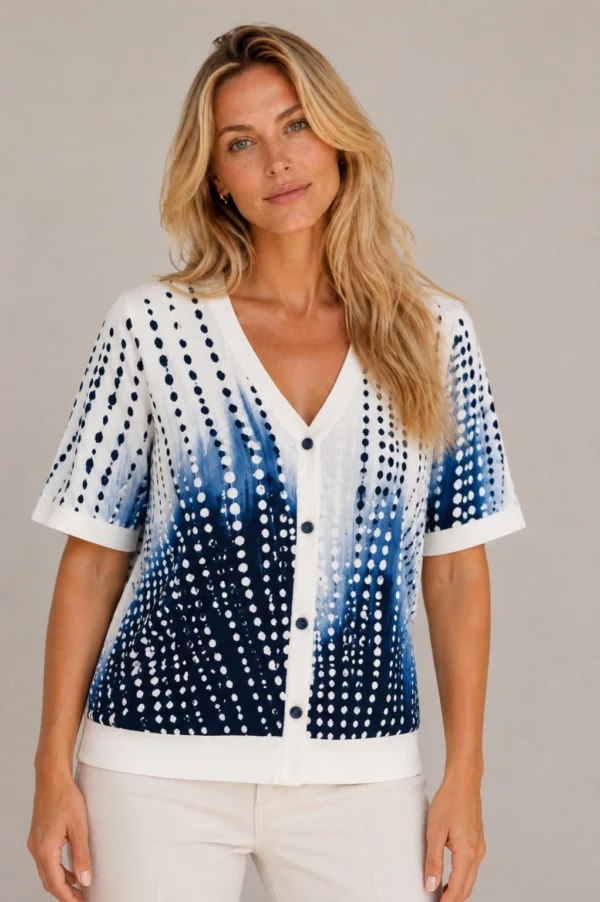 KAV2613-01-front Kalisson Blue & White Printed Cardigan Top
