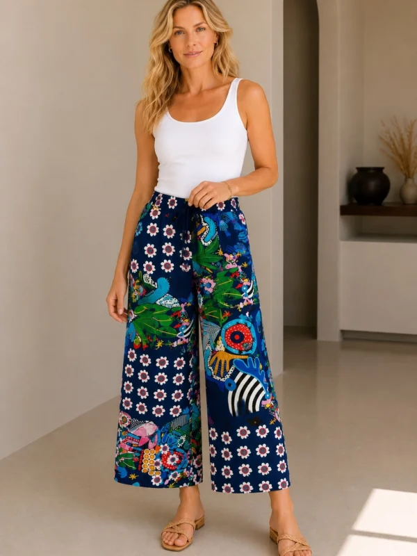 KAV26130-01-front-full-body Kalisson abstract print wide leg trousers navy multicolour