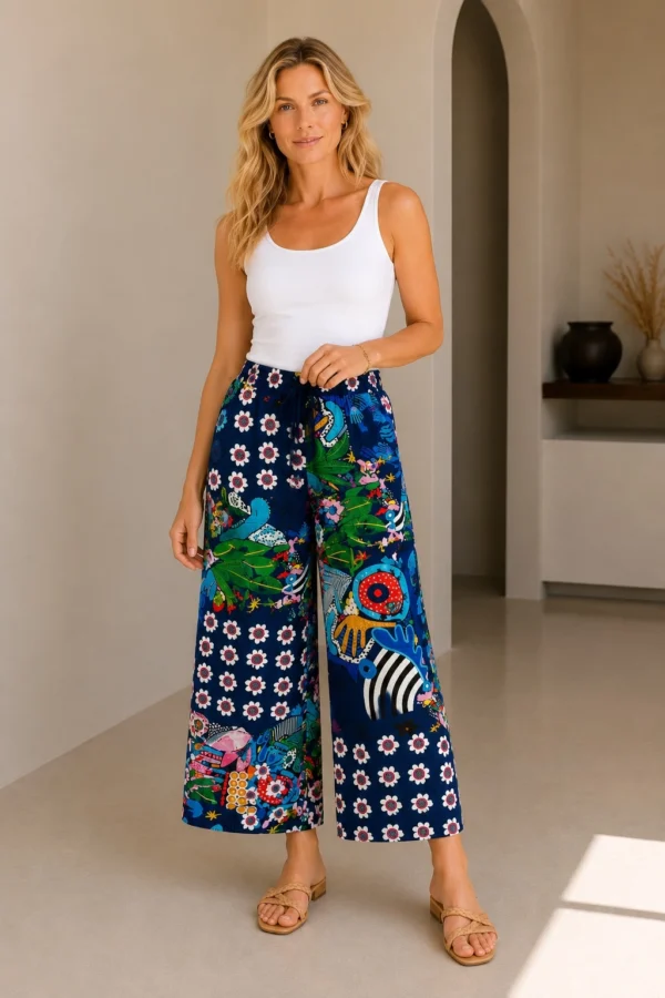 Kalisson abstract print wide leg trousers navy multicolour