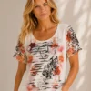 KAV26145-01-upperbody Kalisson floral print cotton viscose top with coral pink and black artwork