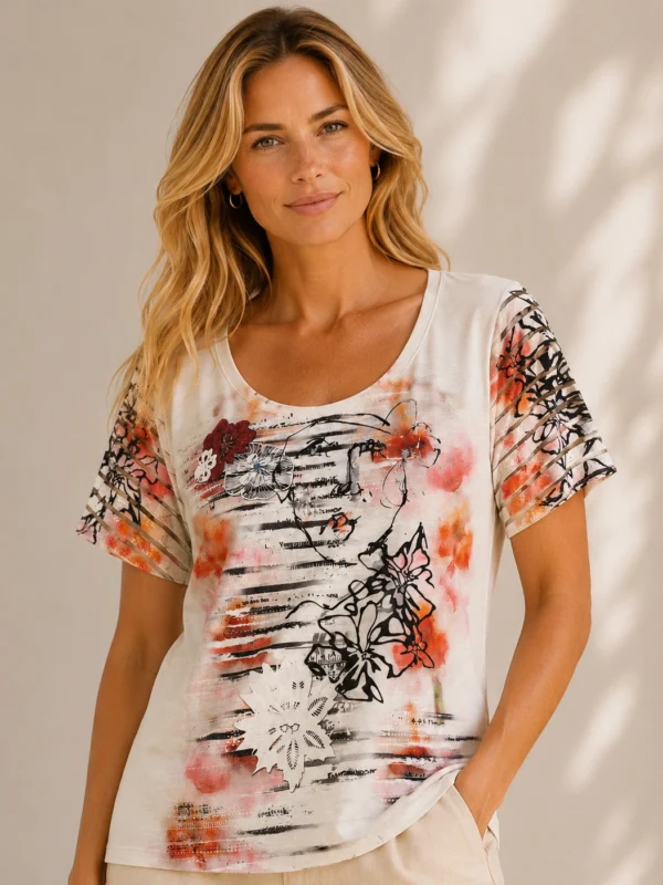 Kalisson floral print cotton viscose top with coral pink and black artwork